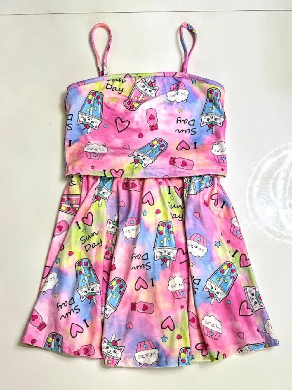 SHEIN Girls 2 Piece Skirt Set 9Y Pink Ice Cream Crop Top Matching Outfit